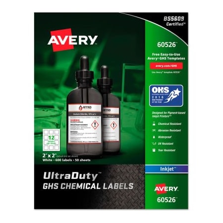 Avery Dennison Avery GHS Chemical Waterproof & UV Resistent Labels, Inkjet, 2in x 2in, 600/Pack 60526